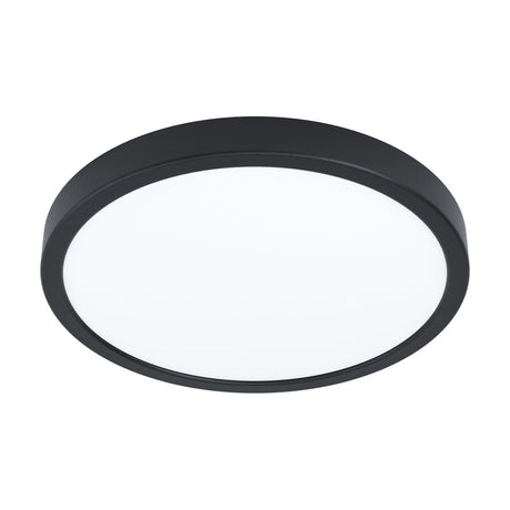 Gosmelle LED Downlight, a round 28.5cm ceiling fixture with a black steel body and white plastic diffuser, shown on a plain white background.
