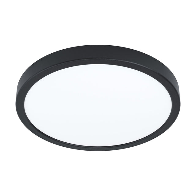 Gosmelle LED Downlight, a round 28.5cm ceiling fixture with a black steel body and white plastic diffuser, shown on a plain white background.