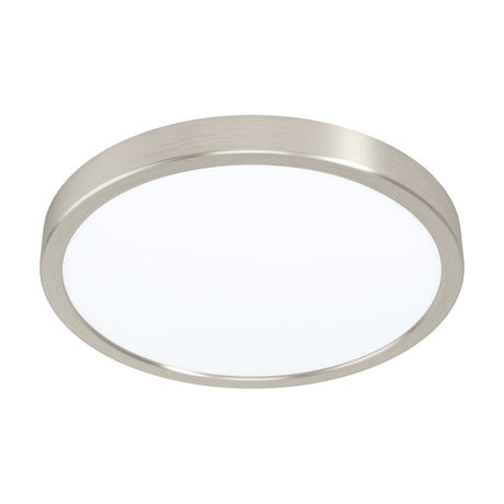 Gosmelle LED Downlight, a round 28.5cm ceiling fixture with satin nickel steel surround and white plastic diffuser, shown at an angle on a plain white background.