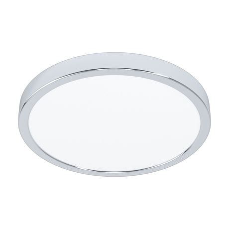 Gosmelle LED Downlight, 28.5cm round flush ceiling fixture with chrome steel rim and white plastic diffuser, integrated warm white LED, shown on a plain white background.