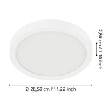 Gosmelle round LED downlight in white with steel body and plastic diffuser, shown with diameter 28.5cm and depth 2.8cm dimensions on a white background.