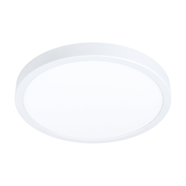Gosmelle round LED downlight in white, 28.5cm slim ceiling fixture with white steel body and white plastic diffuser, warm white IP20, shown on a plain white background.