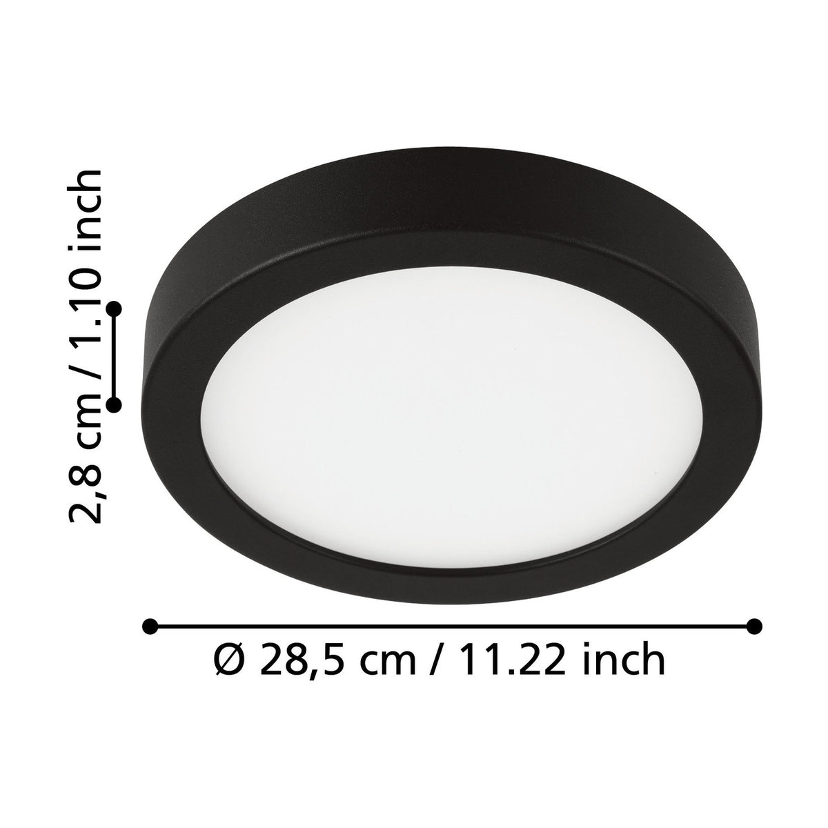 Gosmelle round LED downlight with black steel rim and white diffuser, shown with dimension labels for 28.5cm diameter and 2.8cm height on a white background.