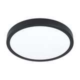 Gosmelle LED Downlight, a round 28.5cm flush ceiling fitting with a black steel rim and white plastic diffuser, shown on a plain white background.