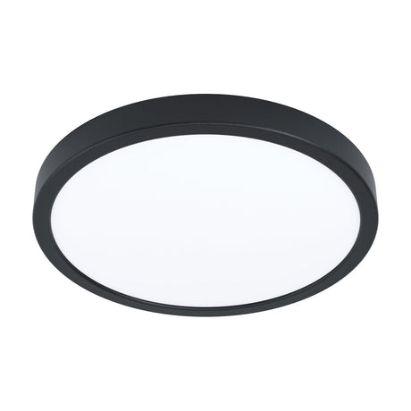 Gosmelle LED Downlight, a round 28.5cm flush ceiling fitting with a black steel rim and white plastic diffuser, shown on a plain white background.