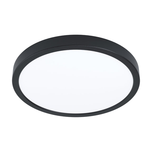 Gosmelle LED Downlight, a round 28.5cm flush ceiling fitting with a black steel rim and white plastic diffuser, shown on a plain white background.