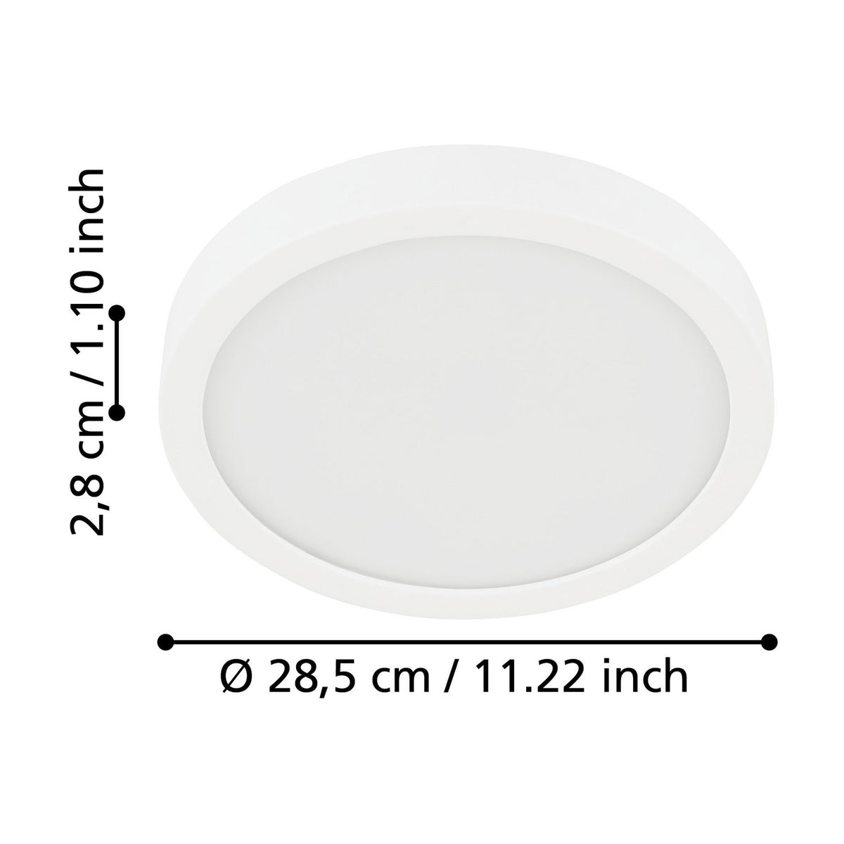 Round white LED downlight, Gosmelle, with dimension markers showing 28.5cm diameter and 2.8cm height, white steel body and diffuser, on a plain white background.