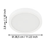 Round white LED downlight, Gosmelle, with dimension markers showing 28.5cm diameter and 2.8cm height, white steel body and diffuser, on a plain white background.