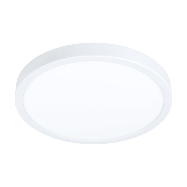 Gosmelle round LED downlight in white, 28.5cm slim ceiling fixture with white steel body and white plastic diffuser, warm white IP20, shown on a plain white background.