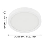 Gosmelle round LED downlight in white, shown with dimension labels: 28.5cm diameter and 2.8cm depth, white steel body with plastic diffuser, on a plain white background.