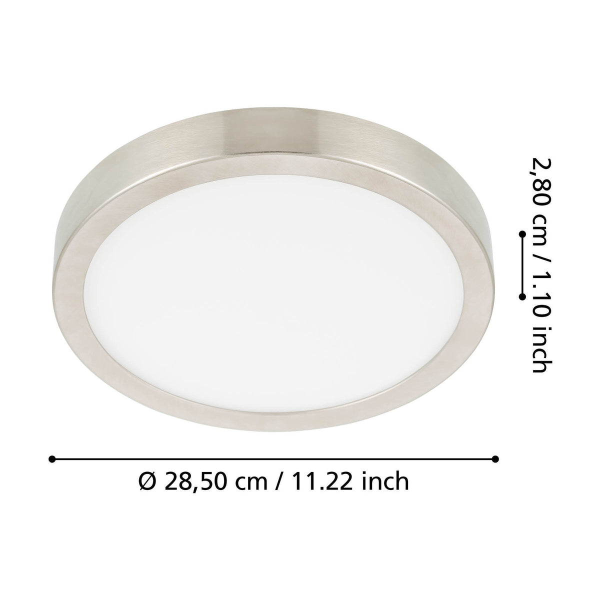 Gosmelle LED Downlight with round satin nickel steel body and white plastic diffuser, shown with dimension labels of 28.5cm diameter and 2.8cm depth on a white background.