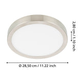 Gosmelle LED Downlight with round satin nickel steel body and white plastic diffuser, shown with dimension labels of 28.5cm diameter and 2.8cm depth on a white background.