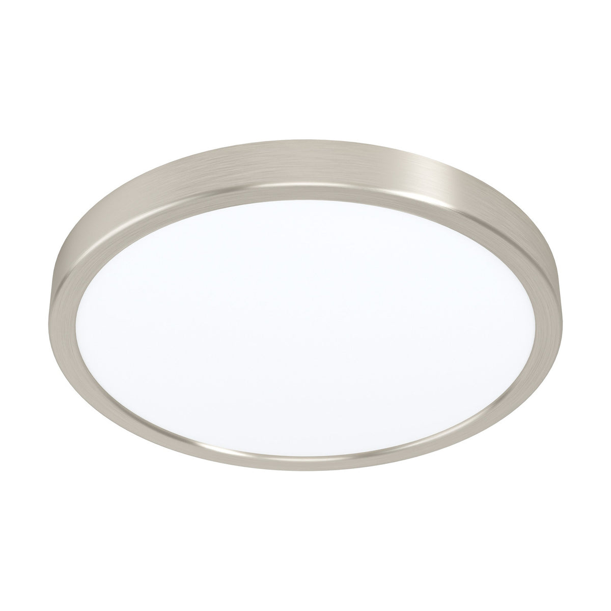 Gosmelle round LED downlight with slim satin nickel steel surround and white plastic diffuser, 28.5cm integrated warm white fixture on a plain white background.