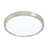 Gosmelle round LED downlight with slim satin nickel steel surround and white plastic diffuser, 28.5cm integrated warm white fixture on a plain white background.