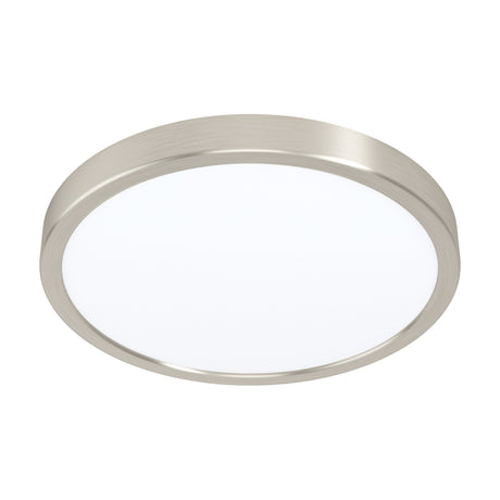 Gosmelle round LED downlight with slim satin nickel steel surround and white plastic diffuser, 28.5cm integrated warm white fixture on a plain white background.