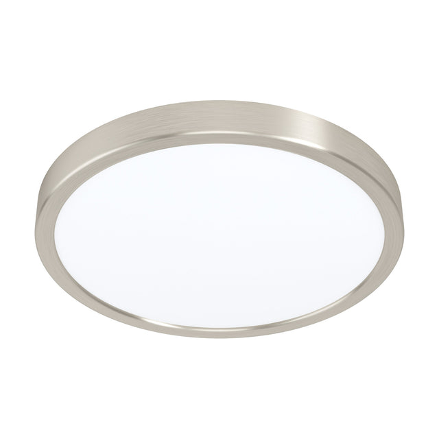 Gosmelle round LED downlight with slim satin nickel steel surround and white plastic diffuser, 28.5cm integrated warm white fixture on a plain white background.