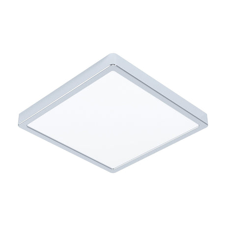 Gosmelle square LED downlight, 29 x 29cm, with slim chrome frame and white plastic diffuser, shown at an angle on a plain white background.