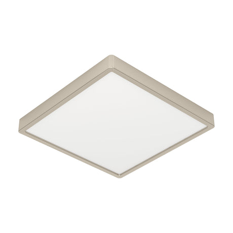 Gosmelle 29 x 29cm square LED downlight with a satin nickel steel frame and white plastic diffuser, shown at an angle on a plain white background.