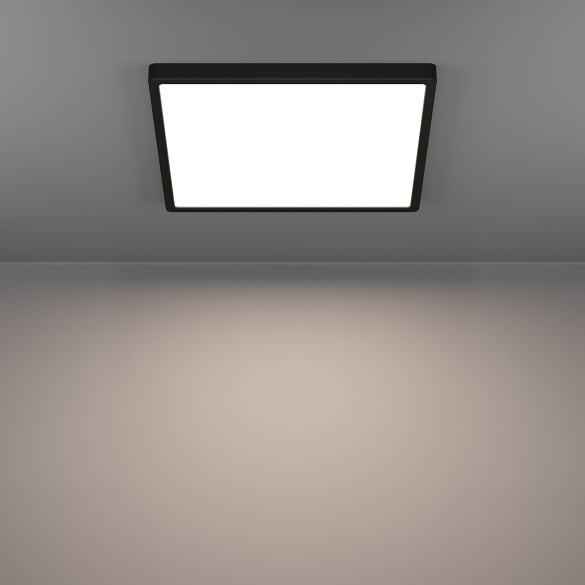 Gosmelle LED Downlight 39 x 39cm in black, a slim square ceiling panel with black plastic frame and white diffuser, shown glowing warm white on a grey ceiling.