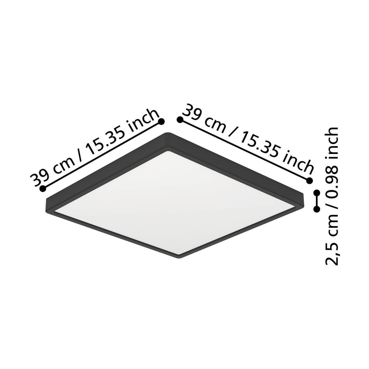Gosmelle LED Downlight, a square black-framed ceiling panel with white diffuser, shown with dimension labels 39 x 39cm and 2.5cm height on a white background.