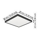 Gosmelle LED Downlight, a square black-framed ceiling panel with white diffuser, shown with dimension labels 39 x 39cm and 2.5cm height on a white background.