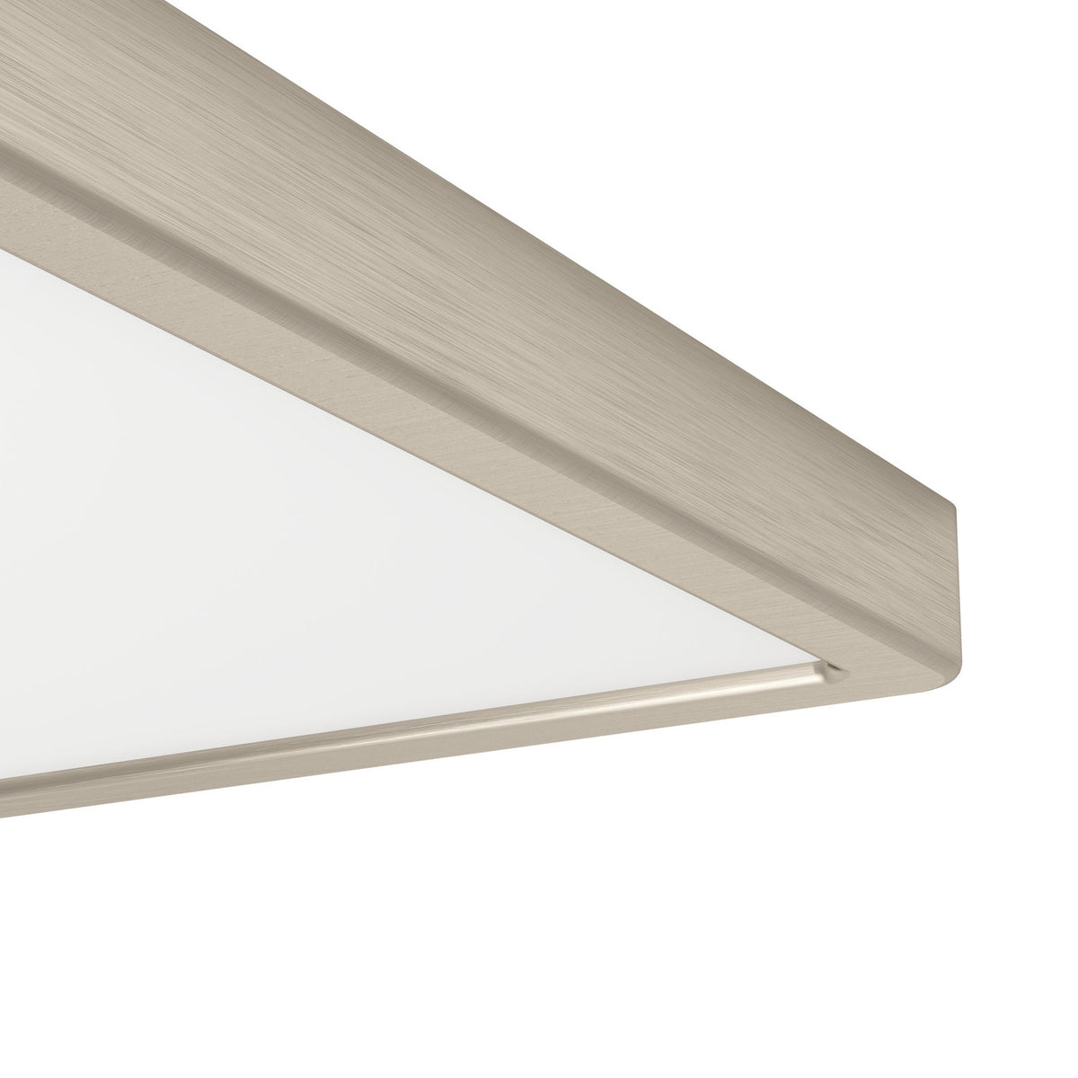 Close-up corner view of the Gosmelle LED Downlight 39 x 39cm in satin nickel, showing the slim brushed steel frame and white plastic diffuser against a plain white background.