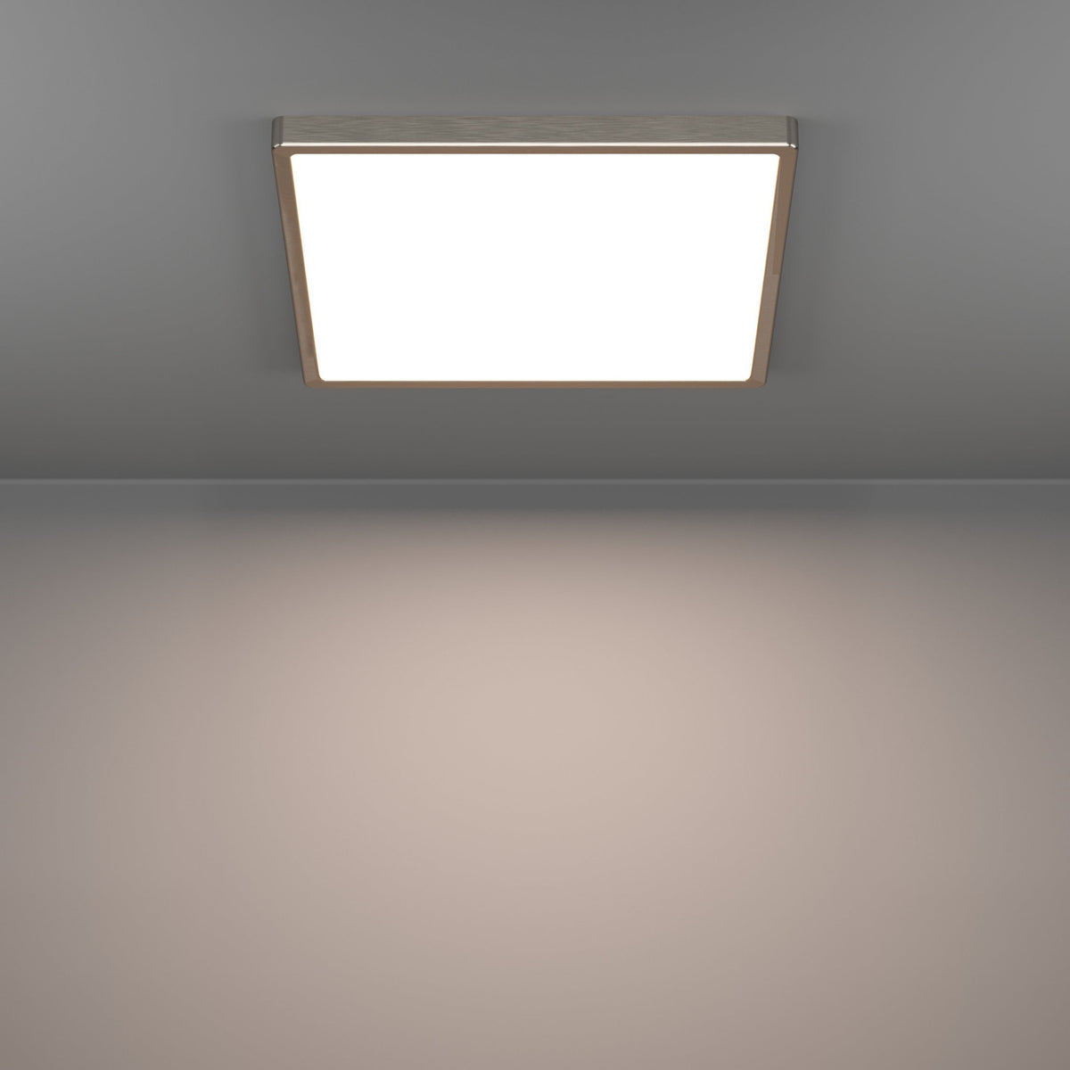 Gosmelle square LED downlight, 39 x 39cm, with slim satin nickel frame and white diffuser, mounted on a grey ceiling casting warm light below.