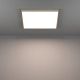 Gosmelle square LED downlight, 39 x 39cm, with slim satin nickel frame and white diffuser, mounted on a grey ceiling casting warm light below.