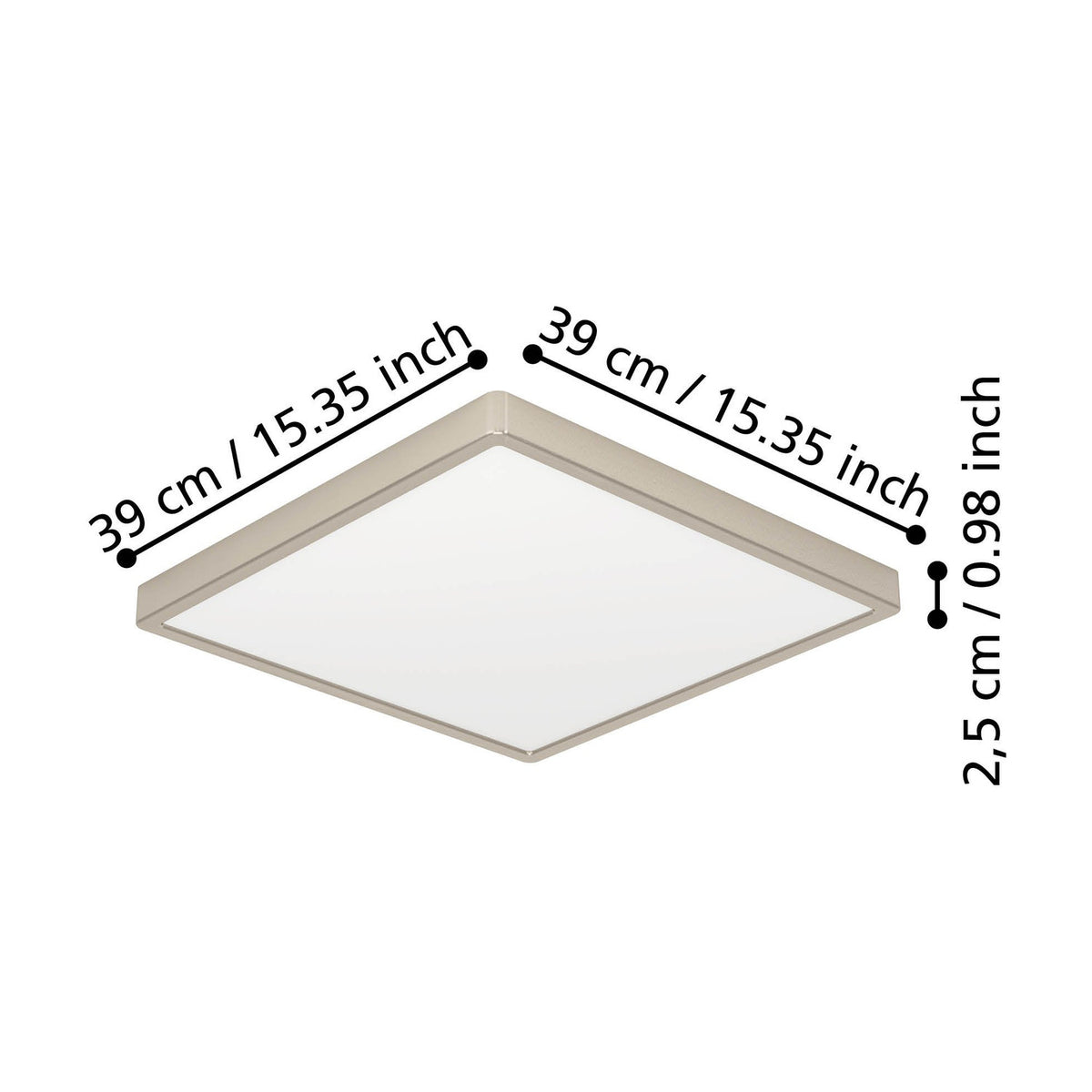 Gosmelle square LED downlight with slim satin nickel steel frame and white plastic diffuser, shown with dimension labels of 39 x 39cm and 2.5cm height on a white background.