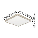Gosmelle square LED downlight with slim satin nickel steel frame and white plastic diffuser, shown with dimension labels of 39 x 39cm and 2.5cm height on a white background.