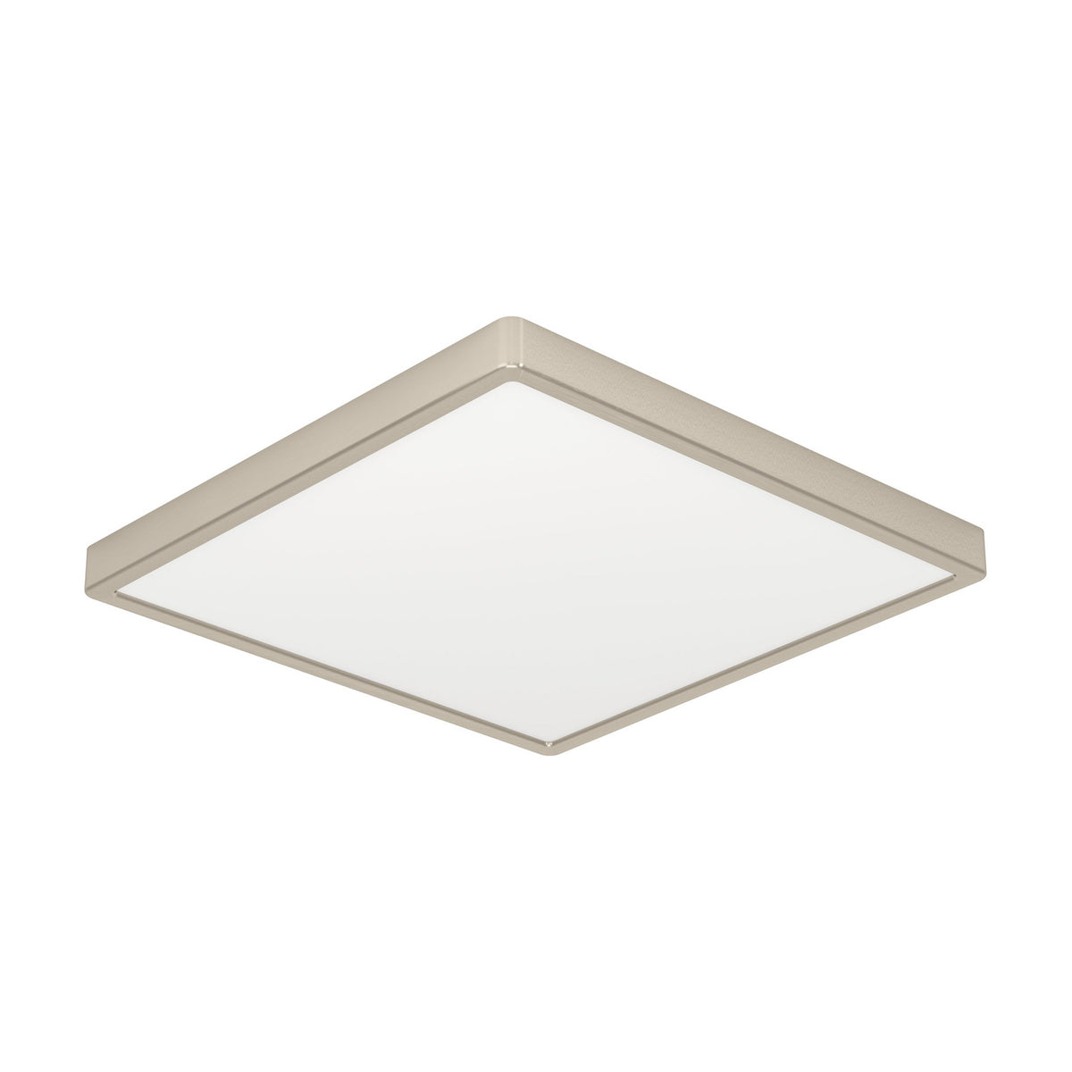 Gosmelle LED Downlight, a square 39 x 39cm fixture with a slim satin nickel steel frame and white plastic diffuser, shown at an angle on a plain white background.