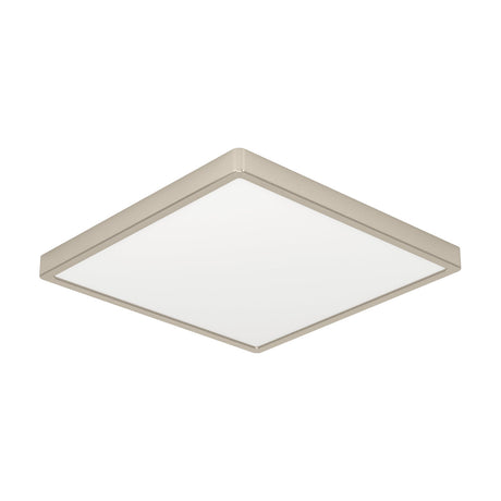 Gosmelle LED Downlight, a square 39 x 39cm fixture with a slim satin nickel steel frame and white plastic diffuser, shown at an angle on a plain white background.