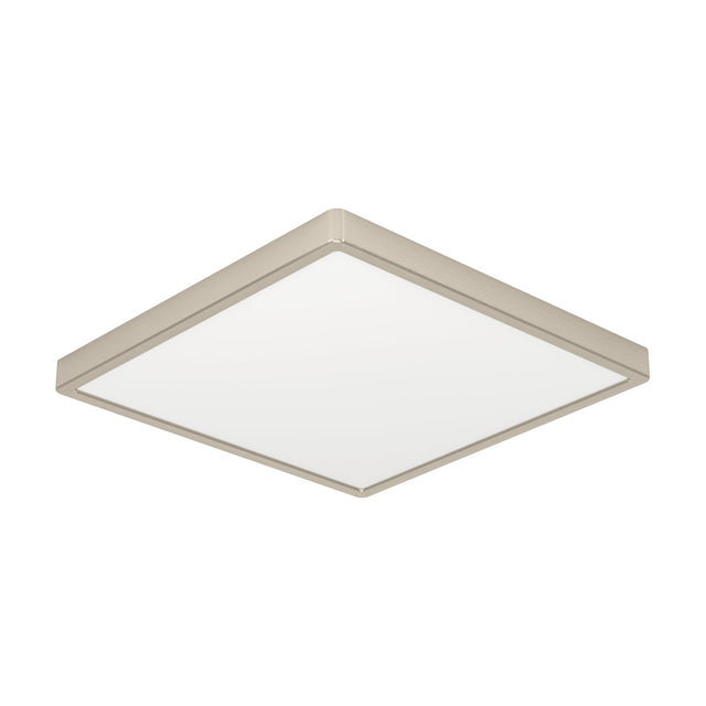 Gosmelle LED Downlight, a square 39 x 39cm fixture with a slim satin nickel steel frame and white plastic diffuser, shown at an angle on a plain white background.