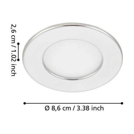 Gosmelle LED downlight with round chrome bezel and white plastic diffuser, shown with dimension labels of 8.6cm diameter and 2.6cm recess depth on a white background.