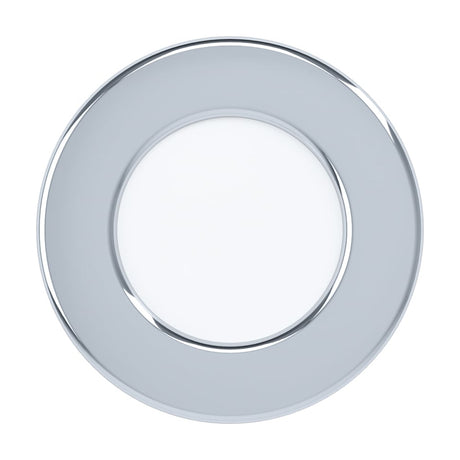 Gosmelle LED downlight, 8.6cm round chrome bezel with white plastic diffuser, cool white integrated LED, shown front-on on a plain white background.