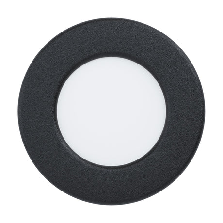 Gosmelle round LED downlight, 8.6cm, with black steel trim ring surrounding a white plastic diffuser, cool white IP20, shown on a plain white background.