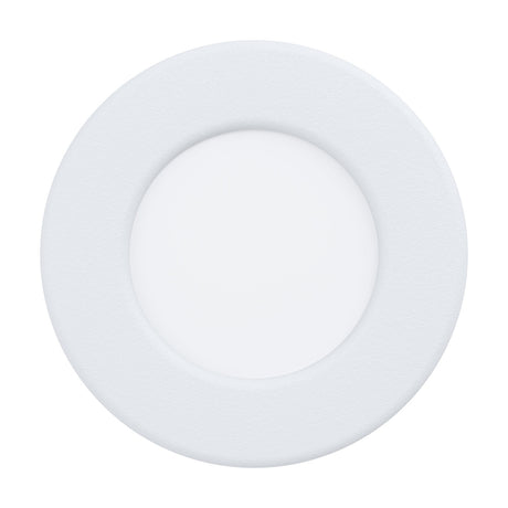 Gosmelle round LED downlight, 8.6cm white steel bezel with white plastic diffuser, integrated cool white LED, IP20, shown on a plain white background.