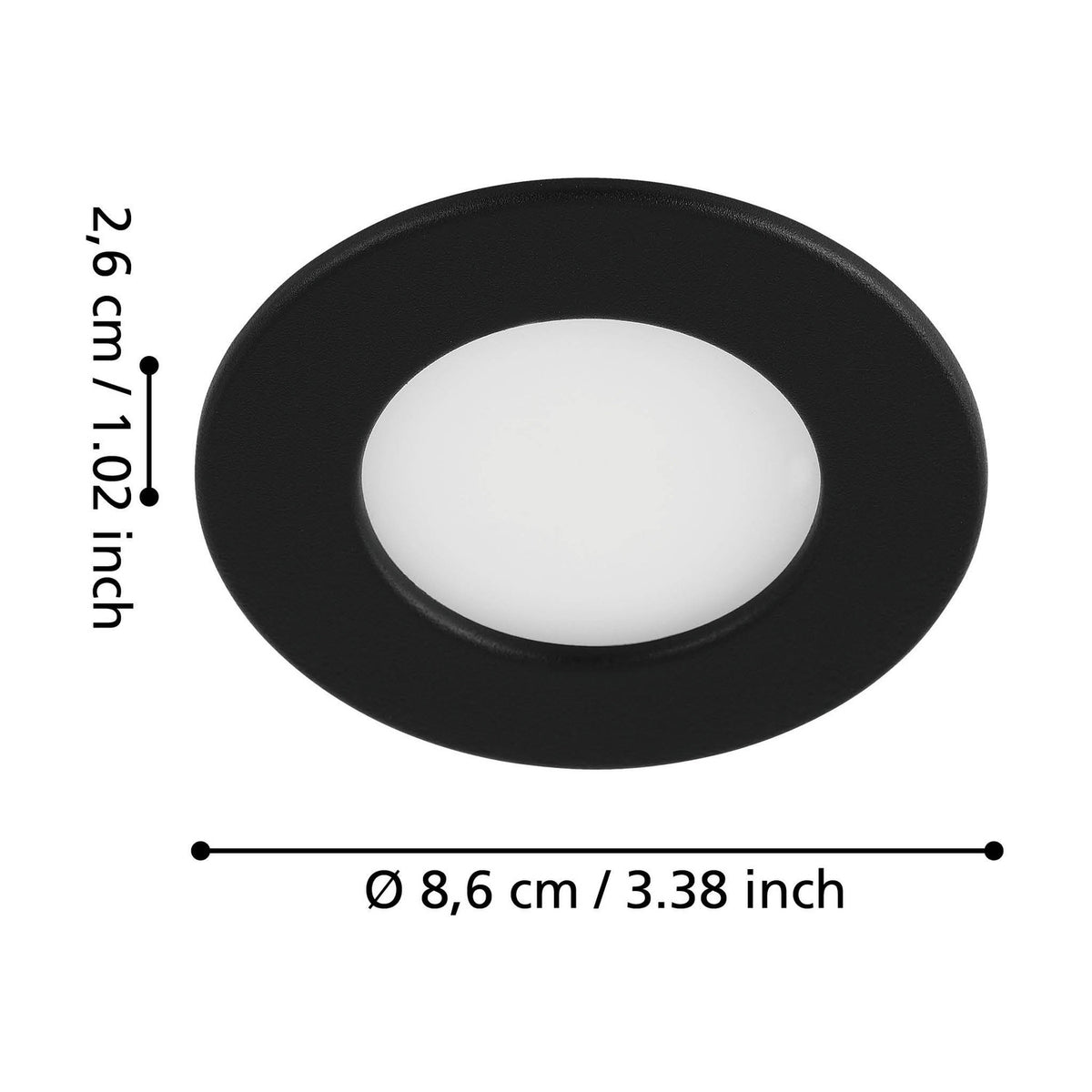 Gosmelle round LED downlight with black steel body and white plastic diffuser, shown with dimensions labelled 8.6cm diameter and 2.6cm depth on a white background.