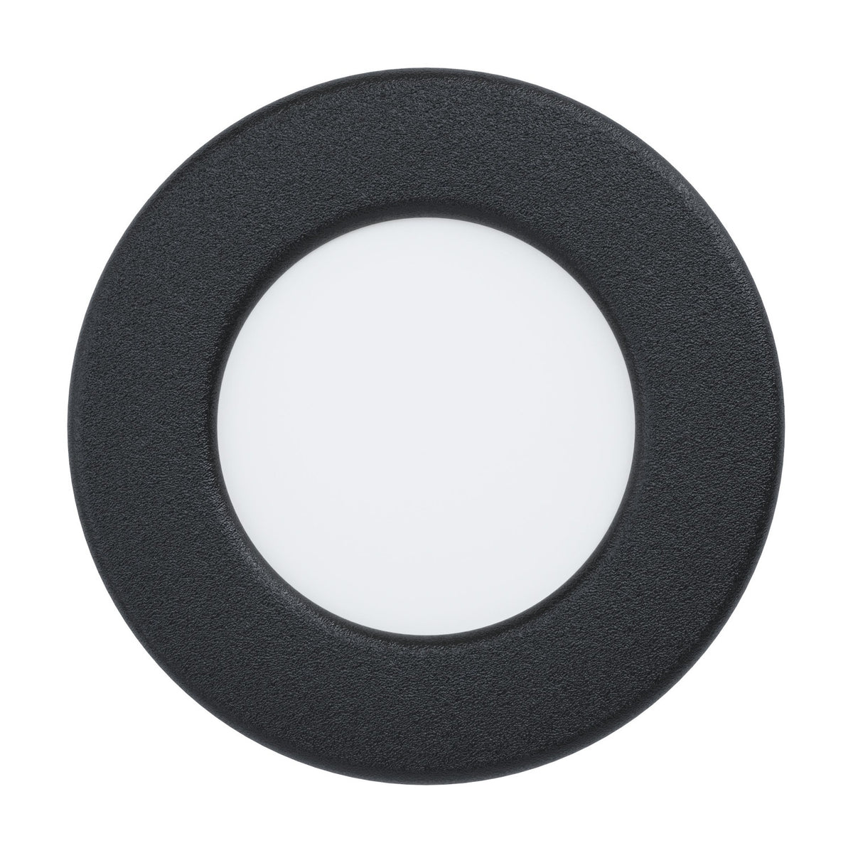 Gosmelle round LED downlight with black steel body and white plastic diffuser, 8.6cm cool white IP44 fitting shown on a plain white background.