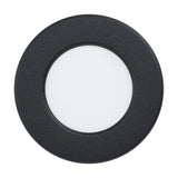 Gosmelle round LED downlight with black steel body and white plastic diffuser, 8.6cm cool white IP44 fitting shown on a plain white background.