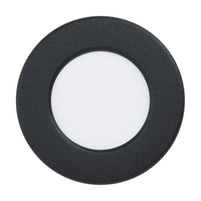Gosmelle round LED downlight with black steel body and white plastic diffuser, 8.6cm cool white IP44 fitting shown on a plain white background.