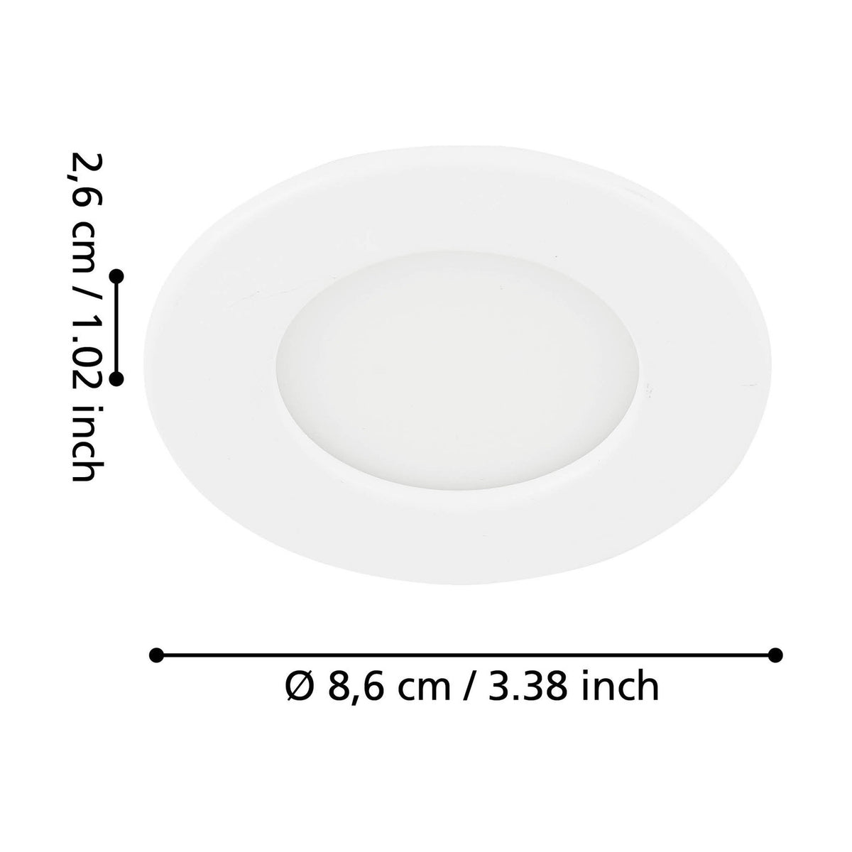 Gosmelle round LED downlight in white with textured bezel and plastic diffuser, shown with dimension labels Ø8.6cm and 2.6cm depth on a white background.