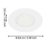 Gosmelle round LED downlight in white with textured bezel and plastic diffuser, shown with dimension labels Ø8.6cm and 2.6cm depth on a white background.
