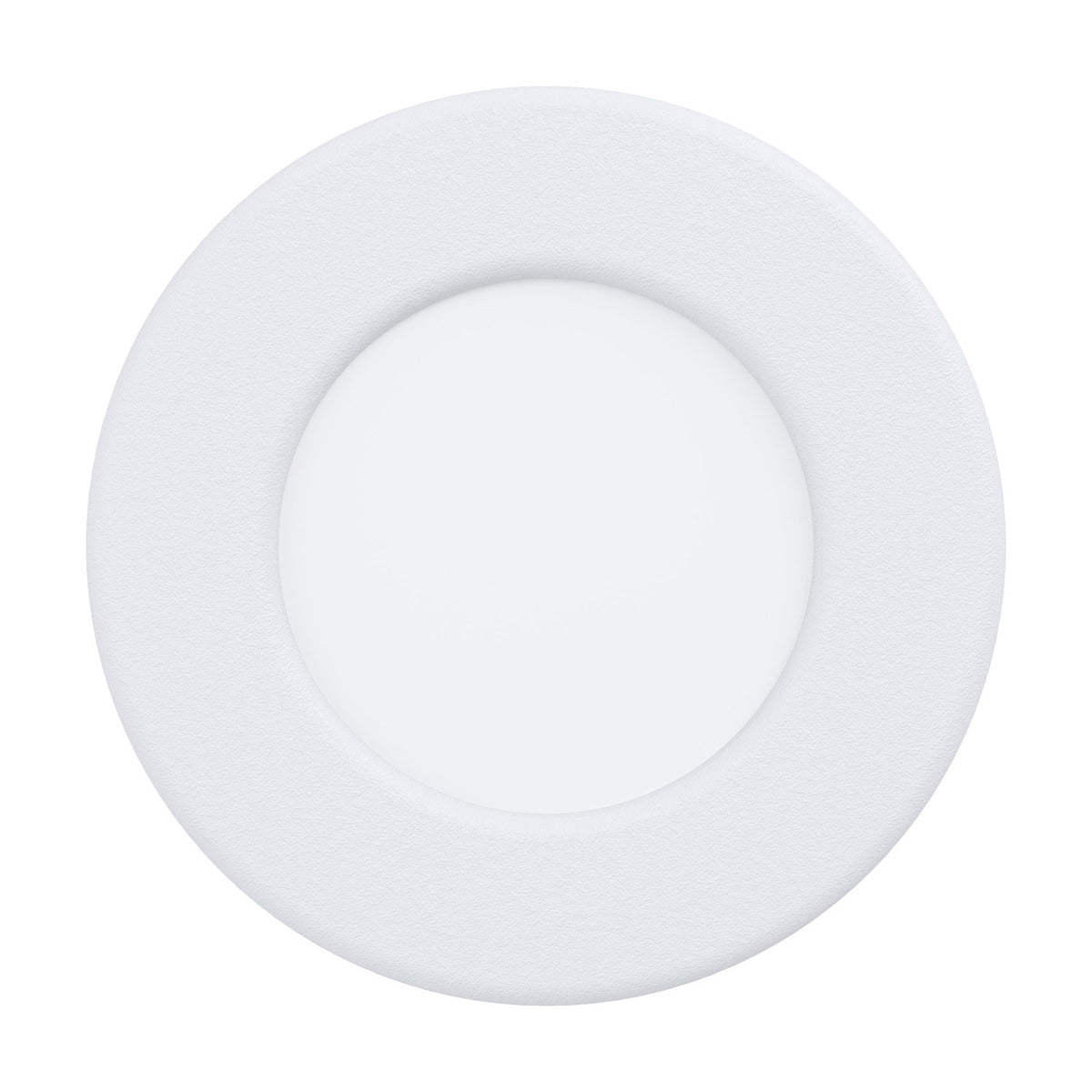 Gosmelle round LED downlight in white, 8.6cm, with a textured bezel and white plastic diffuser, integrated cool white LED, IP44, shown on a plain white background.