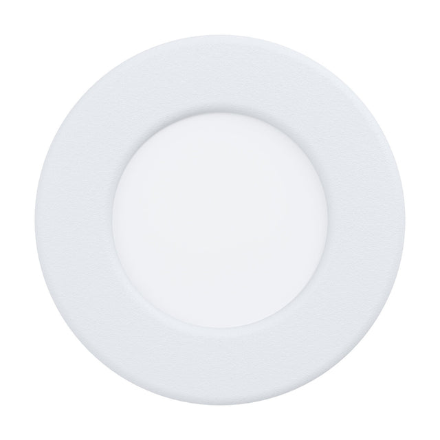 Gosmelle round LED downlight in white, 8.6cm, with a textured bezel and white plastic diffuser, integrated cool white LED, IP44, shown on a plain white background.