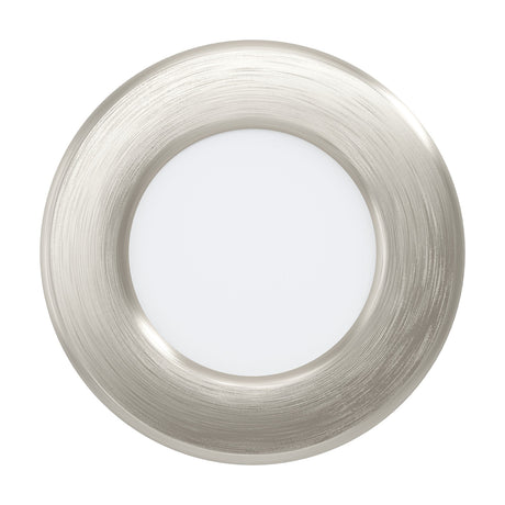 Gosmelle LED downlight, 8.6cm round satin nickel steel ring with white plastic diffuser, cool white integrated LED, shown on a plain white background.