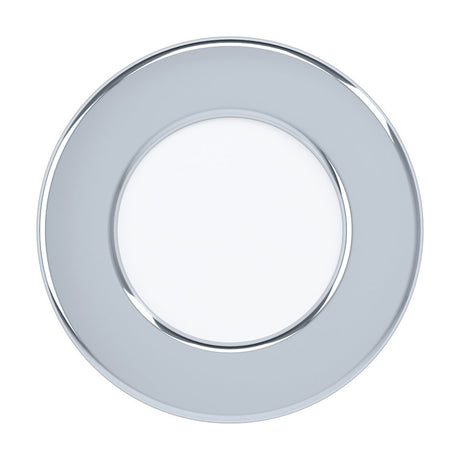 Gosmelle 8.6cm round LED downlight with polished chrome trim ring and flat white diffuser, warm white, non-dimmable, shown on a plain white background.