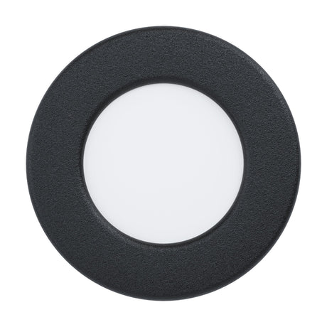 Gosmelle LED downlight, round recessed fitting with textured black steel bezel and white plastic diffuser, 8.6cm diameter, shown against a plain white background.