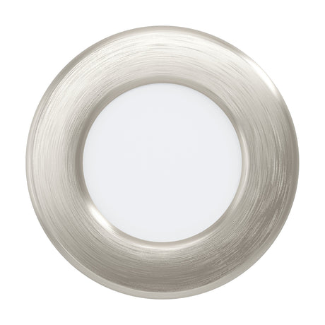 Gosmelle LED downlight with a round satin nickel steel bezel and white plastic diffuser, 8.6cm warm white integrated fitting shown on a plain white background.