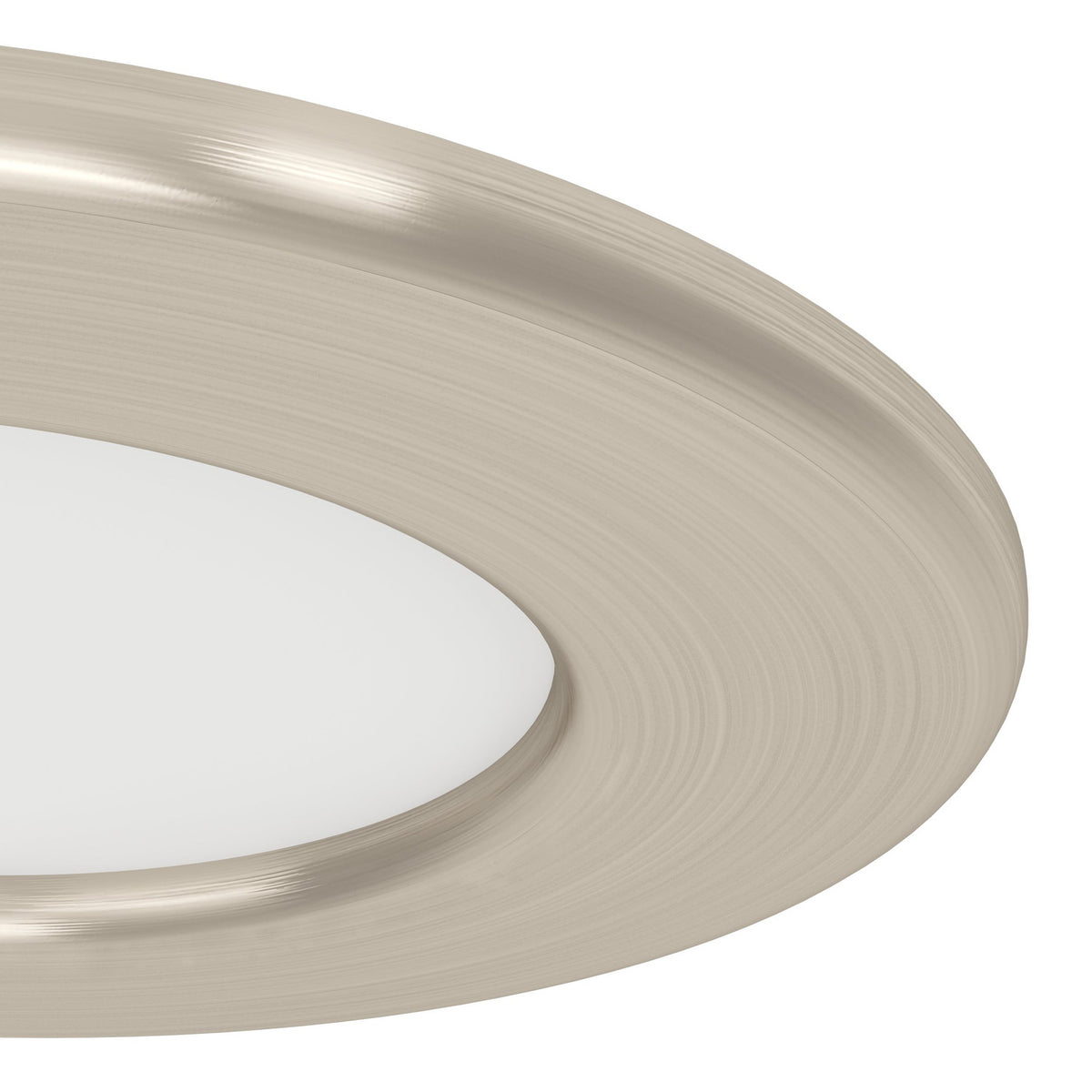 Close-up of a Gosmelle LED downlight in satin nickel, showing the round brushed metal bezel framing a white diffuser, set against a plain white background.